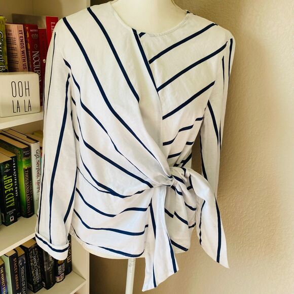 ZARA White Blue Stripe Front-Side Tie Front Long Sleeve Folded Cuffs Top Size XS - Picture 1 of 6